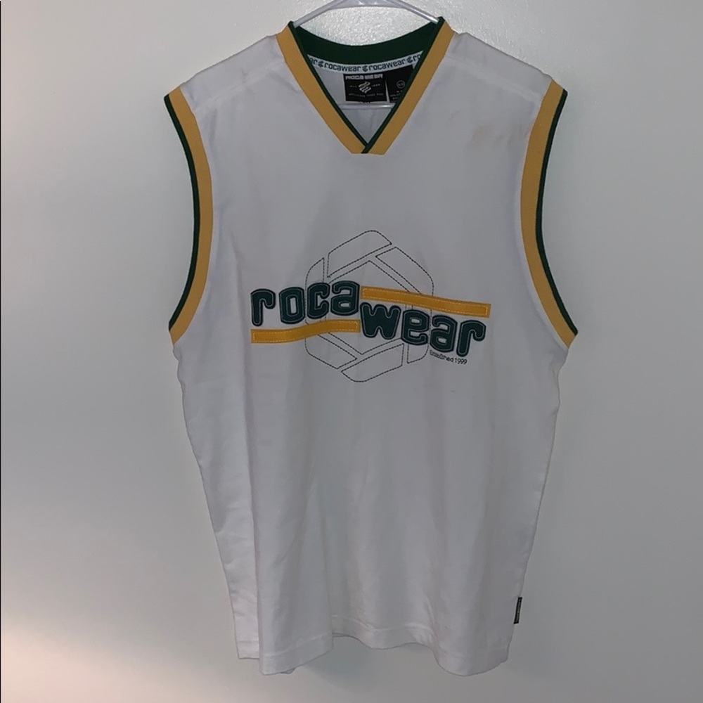 Vintage Boy’s Sz 18 Rocawear Tank top/Jersey green/white/yellow - Picture 2 of 6